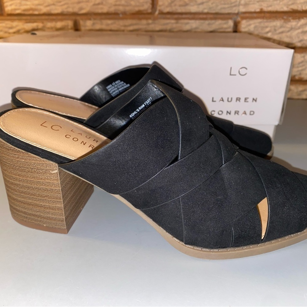 Lauren Conrad Black Crisscross Block Heel Mule Sandals Women’s Size 5.5 NWOT